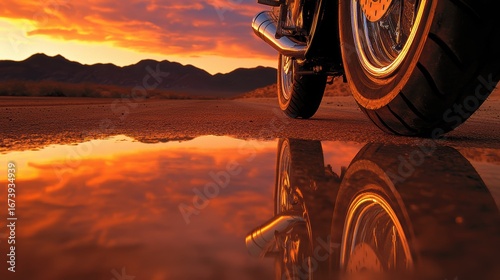 A motorcycle chrome exhaust pipe reflecting a desert highway at sunset.