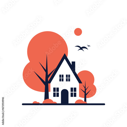 Charming minimalist house design with autumnal trees and flying birds