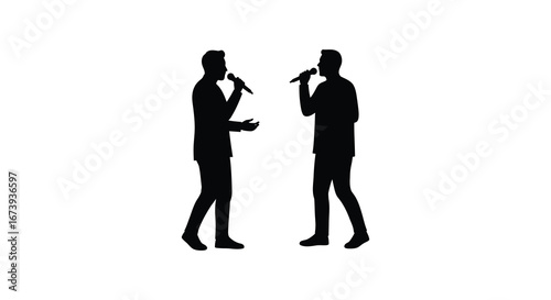 Two businessmen talking with microphones in hand in black silhouette