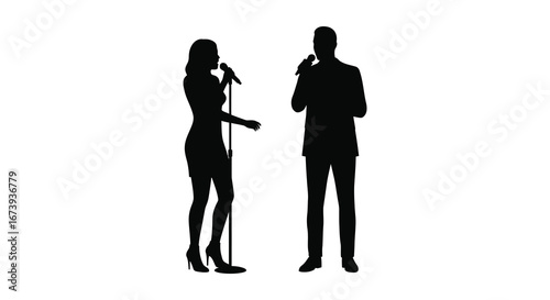 Silhouette of a woman singing and a man listening to her on a white background