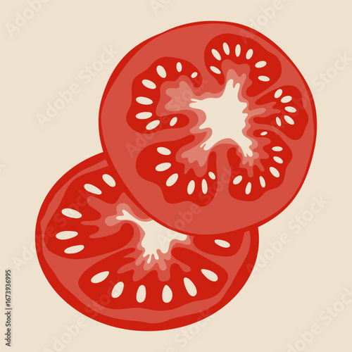 Red tomatoes. Ripe juicy tomato slice, two round cutted piece with seeds, cartoon fresh farm garden vegetable, organic vegetarian food, flat ketchup product. Vector illustration