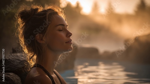 Woman relaxing in hot spring bath outdoor with steam and natural rocky surroundings at sunset.