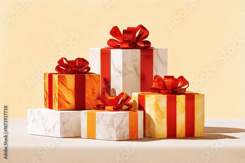 Colorful stacked gift boxes with ribbons on a light background showcase a festive atmosphere for celebration and surprise
