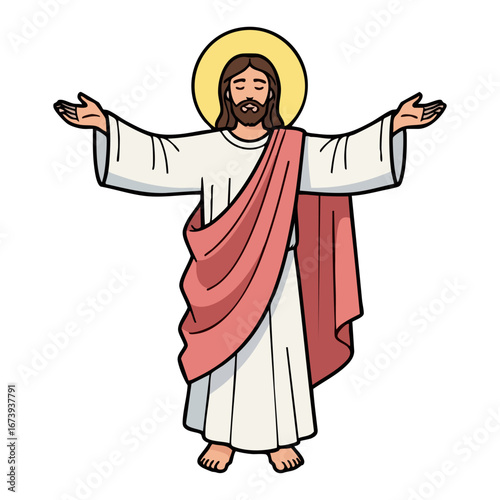 Simple Jesus Christ Vector Illustration with Open Arms and Halo