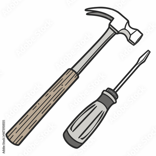A simple cartoon illustration of a claw hammer and a flathead screwdriver on a white background
