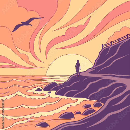 A solitary figure stands on a cliff overlooking the ocean at sunset with a bird flying above