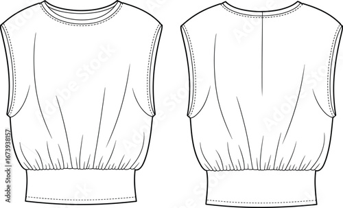 Technical flat fashion vector illustration of sleeveless blouson top with round neckline, gathered waistband, front and back garment construction details"