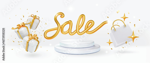 3D white podium with white gift boxes, gold letters sale, ribbons and golden confetti. Elegant circular platform with shimmering particles for sale discount celebration display.