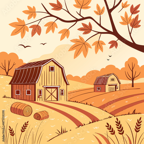 Charming autumn farm scene with barns hay bales and colorful maple leaves on a tree