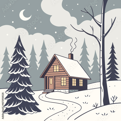 Cozy wooden cabin nestled in a snowy forest under a crescent moon and falling snowflakes