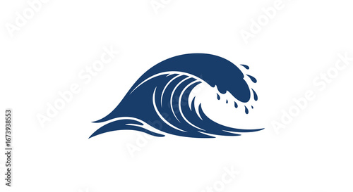 A stylized illustration of a crashing ocean wave in dark blue
