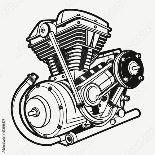 Detailed black and white line art illustration of a powerful v twin motorcycle engine with intricate mechanical details
