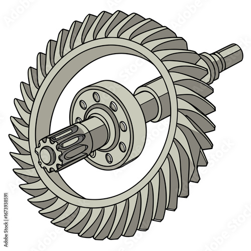 Detailed illustration of a bevel gear and pinion assembly showing the meshing teeth and shaft connections