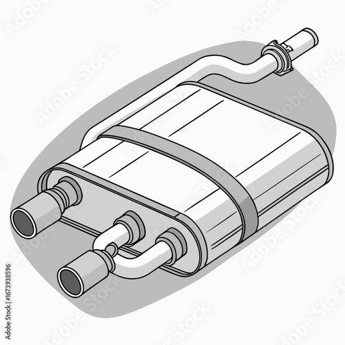 Detailed illustration of a modern dual outlet car exhaust muffler system with pipes and clamps