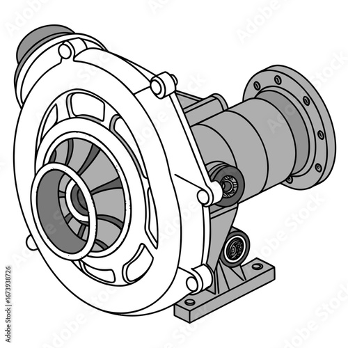 Detailed isometric illustration of a turbocharger component with a bolted flange and mounting base