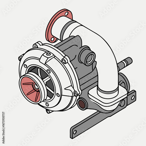 Detailed isometric illustration of a turbocharger engine component with a red accent on the turbine wheel