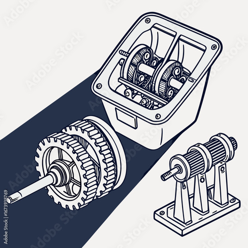 Detailed isometric line drawing of a mechanical gearbox with exposed gears and a separate motor assembly