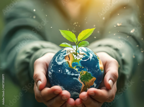 Hands gently cradle Earth with vibrant green seedling sprouting from surface, global commitment to sustainable future. Image represents international cooperation, environmental preservation, hope for