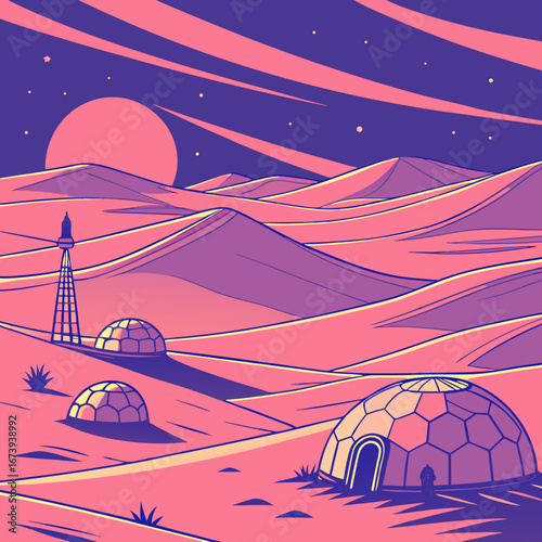 Futuristic alien planet landscape with domed habitats and a tall tower under a pink and purple sky