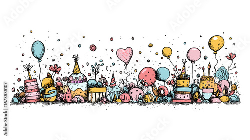 Seamless pattern of hand-drawn doodles featuring various food and drink items, including pizza, burgers, wine glasses, and desserts, on a transparent background.