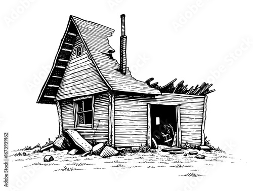 Dilapidated wooden shack in a woodcut style, black and white, representing decay abandonment or poverty.