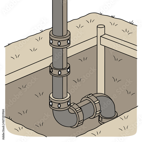 Illustration of a plumbing pipe system with elbow joint and couplings buried underground