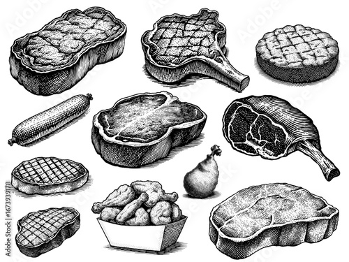 Various meat cuts in monochrome woodcut style for butcher shop menus and culinary design