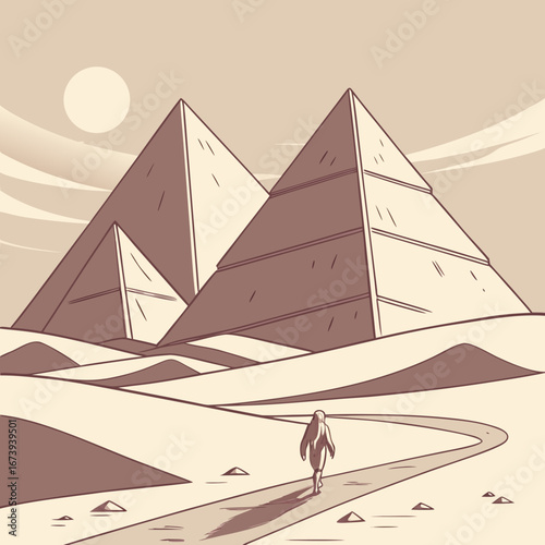 Lone figure walks a winding path toward majestic ancient egyptian pyramids under a hazy sun