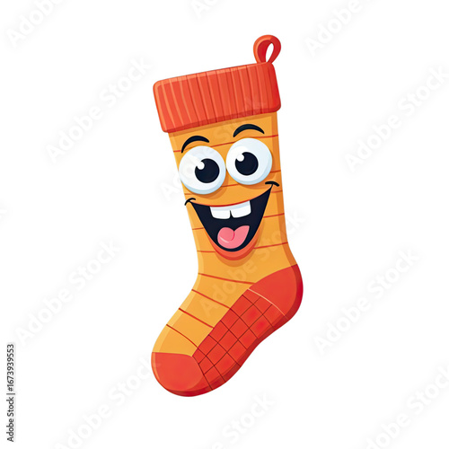Happy orange sock with smiling face hanging cheerfully, perfect for festive holiday decor and celebrations