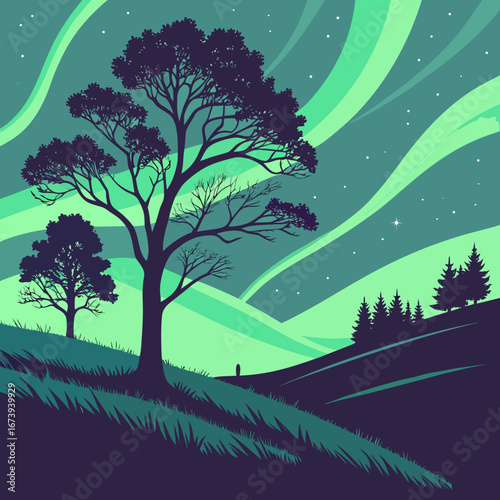 Serene night landscape with silhouetted trees beneath a vibrant aurora borealis sky