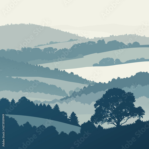 Serene rolling hills landscape with layered trees and a prominent solitary oak tree in muted blue tones