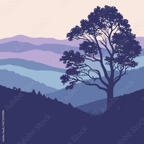 Serene silhouette of a large tree against a layered mountain landscape at dawn or dusk