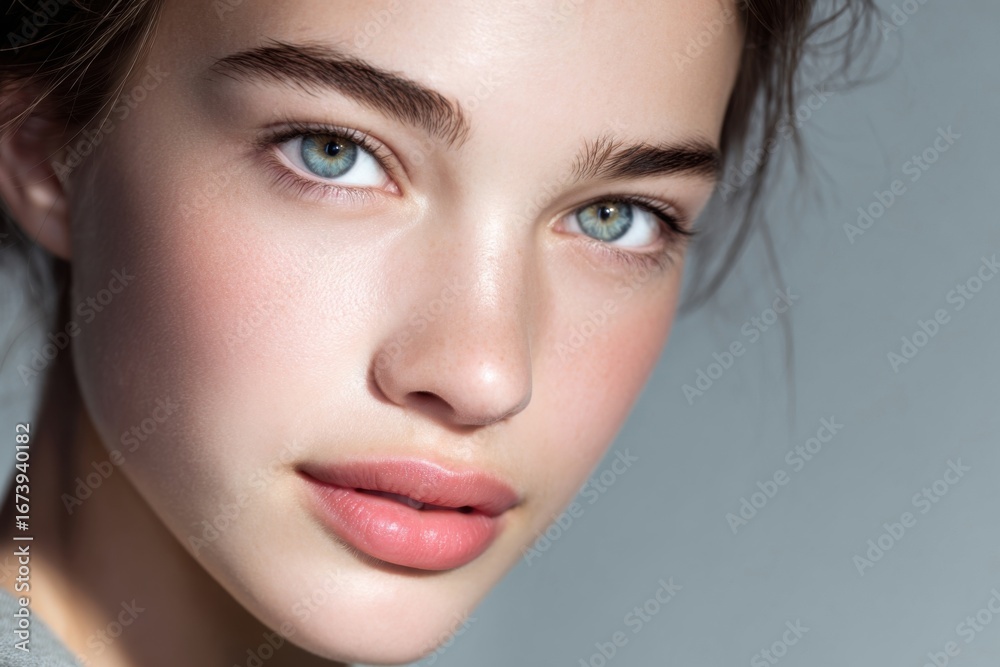 Fototapeta premium Close up portrait of young woman with clear skin and bright blue eyes on gray background.
