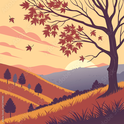 Stylized autumn landscape with a large tree shedding leaves against a warm sunset sky