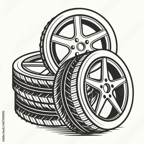 Stylized black and white illustration of a stack of car tires and alloy wheels on a white background