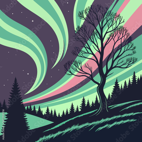 Stylized illustration of a bare tree silhouetted against a vibrant aurora borealis sky
