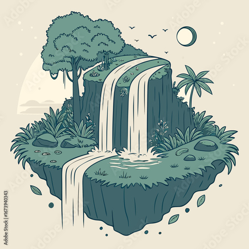 Stylized illustration of a lush floating island with a cascading waterfall and tropical foliage under a pale moon