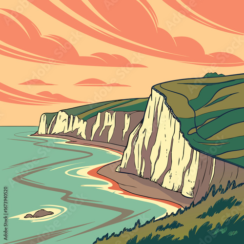 Stylized illustration of dramatic white chalk cliffs meeting a turquoise sea under a warm sunset sky
