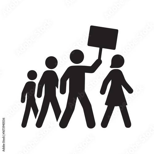 Protest March with Placard — Group Silhouette Vector