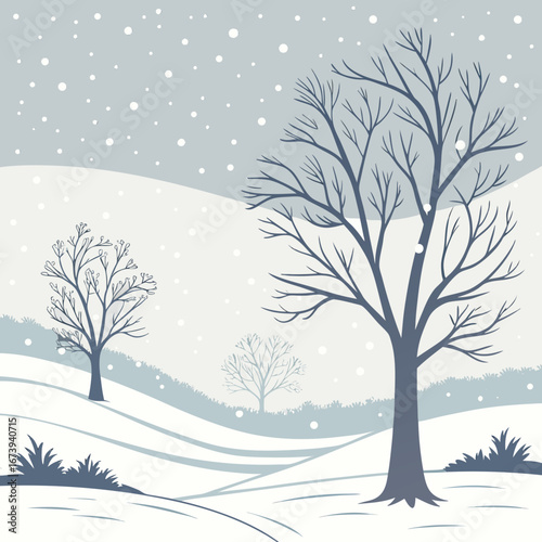 Stylized winter landscape with bare trees and falling snow in muted blue and gray tones