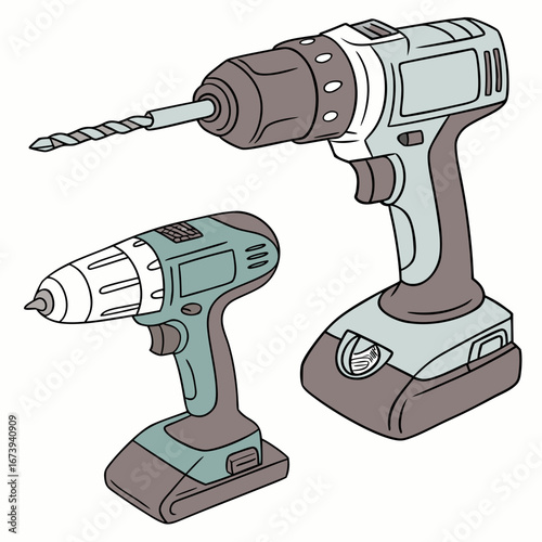 Two cordless power drills with bits are shown in a clean illustration on a white background