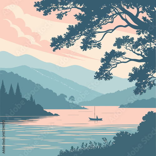Tranquil lake scene with distant mountains a lone sailboat and silhouetted trees against a pastel sky