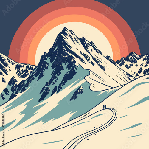 Two hikers ascend a snowy mountain path towards a vibrant sunset with layered orange and red hues