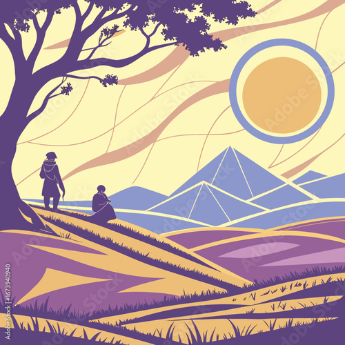 Two silhouetted figures admire a stylized landscape with rolling hills mountains and a large sun