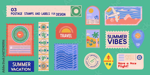 Collection Of Vintage Style Summer Travel Stamps And Labels vector illustration