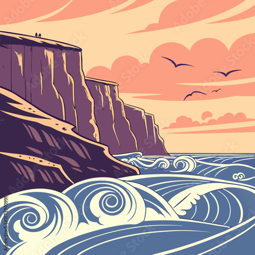 Two silhouetted figures stand atop dramatic purple cliffs overlooking a stylized ocean at sunset