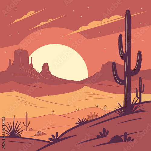 Vibrant desert landscape at sunset featuring iconic saguaro cacti and mesas under a warm sky