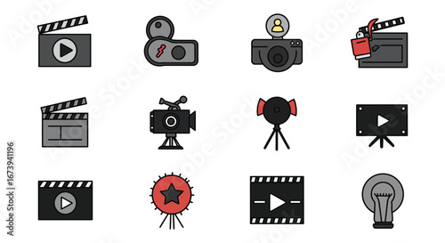 Collection of film and video production icons and symbols in various styles