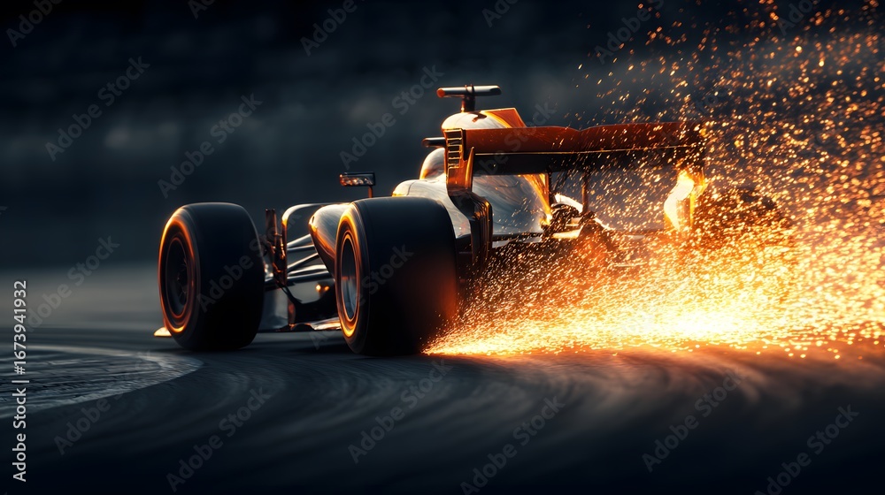 Fototapeta premium A formula one car races around a track, creating sparks with dramatic lighting.
