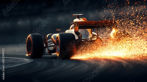 A formula one car races around a track, creating sparks with dramatic lighting.